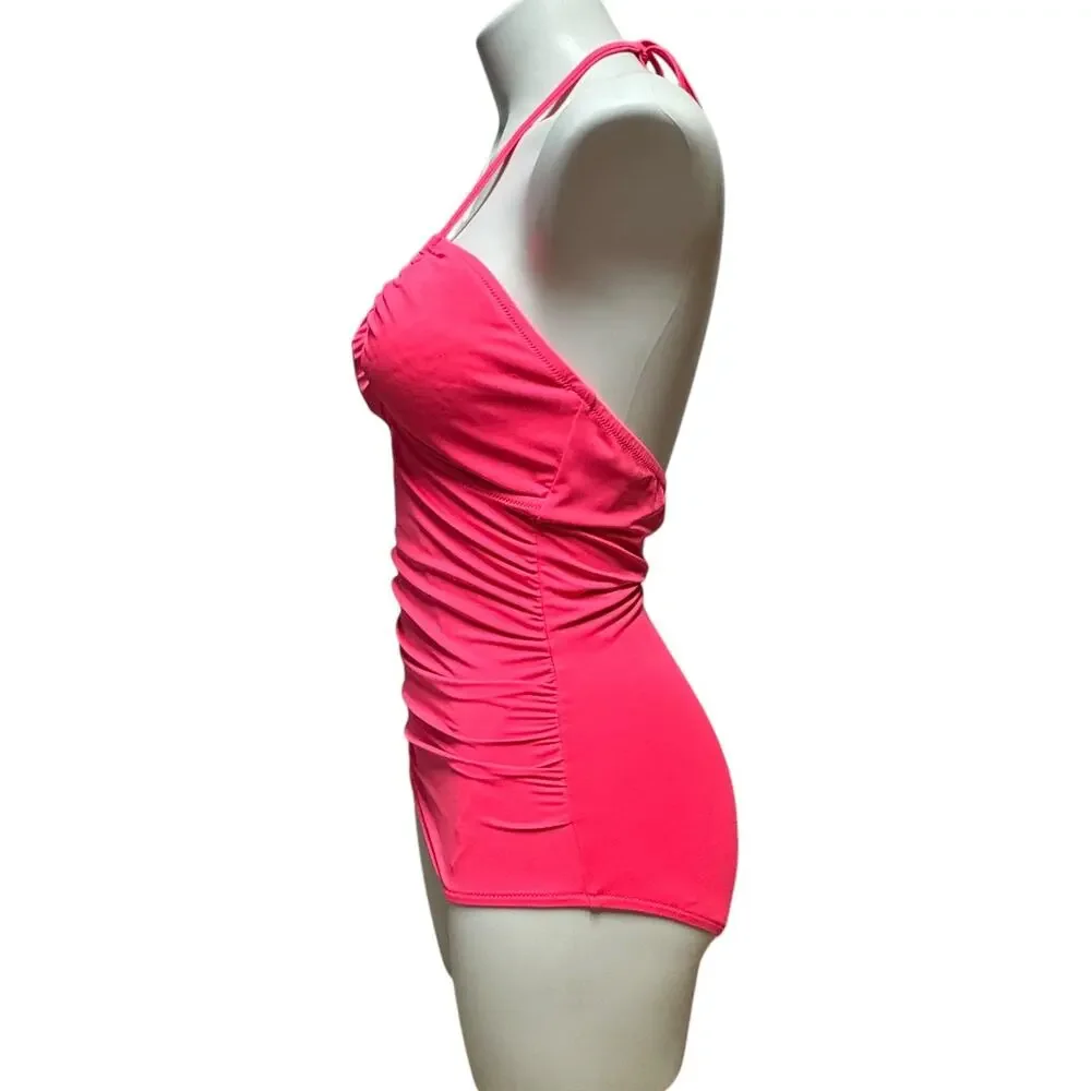 J.Crew Ruched One Piece Halter Swimsuit Hot Pink 8